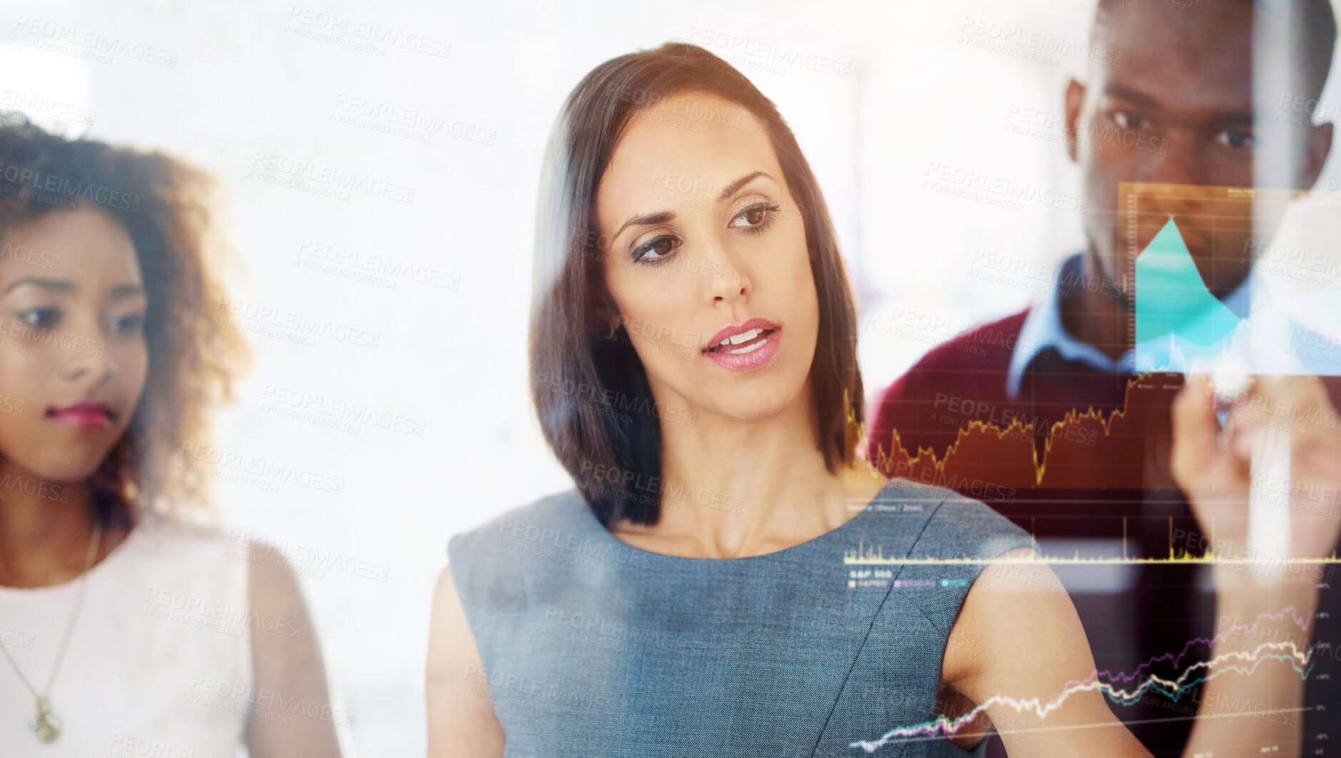 Buy stock photo Technology, glass wall and group of business people in office with stock exchange data, graphs and statistics. Trading, finance and financial analyst team with digital touchscreen board for planning