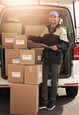 Buy stock photo Delivery, box and man with portrait by van in street for online order, supply chain and stock distribution. Courier service, worker and smile with clipboard for package checklist and cargo shipment