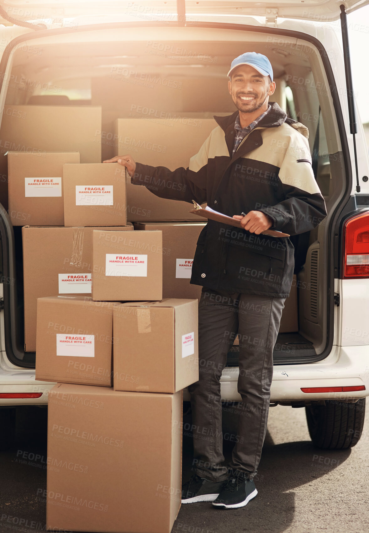 Buy stock photo Delivery, box and man with portrait by van in street for online order, supply chain and stock distribution. Courier service, worker and smile with clipboard for package checklist and cargo shipment