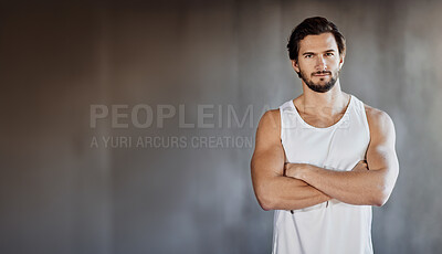 Buy stock photo Arms crossed, fitness and portrait of man on mockup space in studio for training or workout. Exercise, muscles and strong with confident personal trainer on gray background for physical challenge