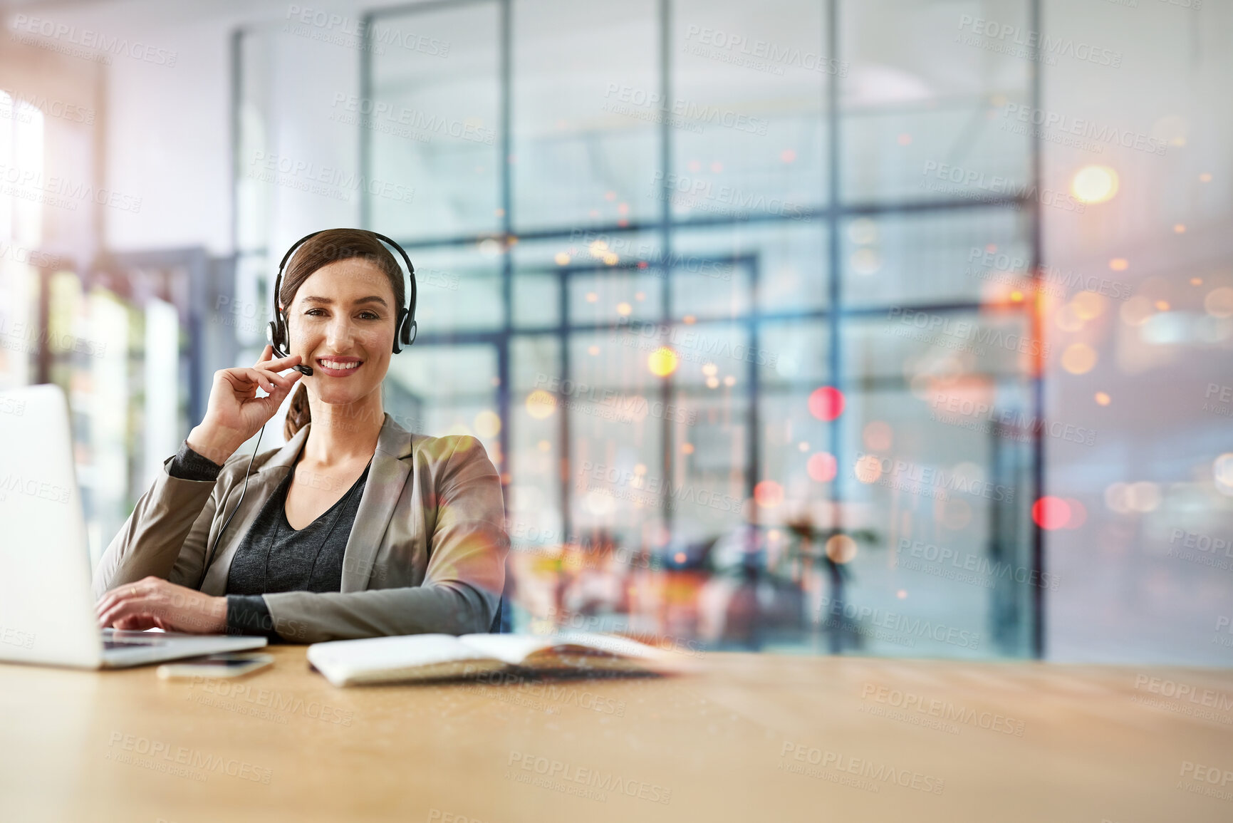 Buy stock photo Business, woman and happy with headsets on laptop with pride or confidence at office as consultant. Portrait, female person and bokeh on headphones with overlay for career growth or job opportunities