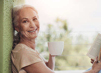 Buy stock photo Happy woman, portrait and coffee in home with book, relax or comfort on weekend. Mature writer, novel or drinking tea on patio for literature review, peace or smile for story development in Australia