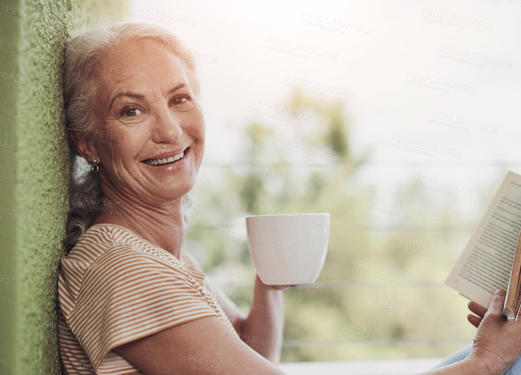 Buy stock photo Happy woman, portrait and coffee in home with book, relax or comfort on weekend. Mature writer, novel or drinking tea on patio for literature review, peace or smile for story development in Australia