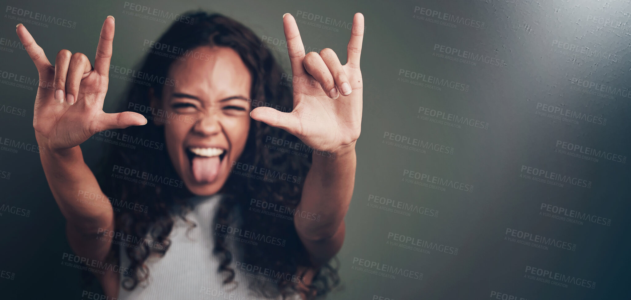 Buy stock photo Woman, portrait and rock gesture with hands for grunge sign, rockstar or devil horns in studio on gray background. Crazy, aesthetic and female model for emoji, punk icon or rebel symbol with mockup