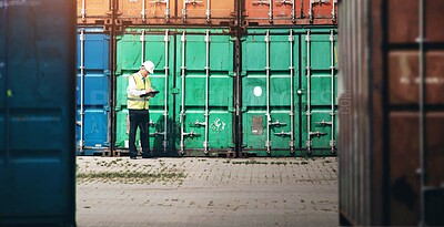 Buy stock photo Mature man, tablet and container for shipping at harbor, inspection or career in supply chain management. Person, touchscreen and logistics industry with cargo, distribution and storage in Portugal