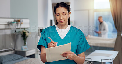 Buy stock photo Nurse, woman and writing in folder, hospital or clinic for recovery, wellness or healthcare for treatment. Female person, note and medical staff for record, diagnosis or results for support or advice