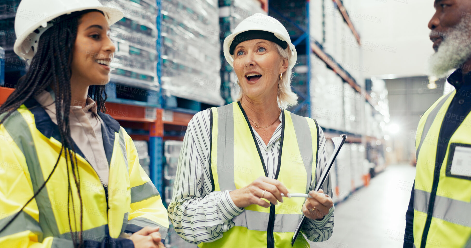 Buy stock photo Clipboard, collaboration and conversation with people in storage depot for supply chain management. Discussion, logistics and planning with team in warehouse for manufacturing, retail or shipping