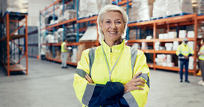 Buy stock photo Logistics, happy woman or portrait in warehouse with confidence, coordination or distribution. Mature manager, arms crossed or pride in storage facility with team, export and shipping in supply chain