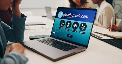 Buy stock photo Business person, laptop screen and health check with website for telehealth, online research or medical advice at office. Employee, web developer or client with technology display for healthcare help