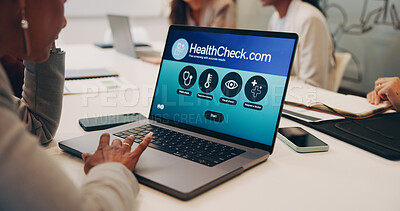 Buy stock photo Business woman, laptop screen and health check with website for telehealth, online research or medical advice at office. Female person, employee or client with technology display for healthcare help