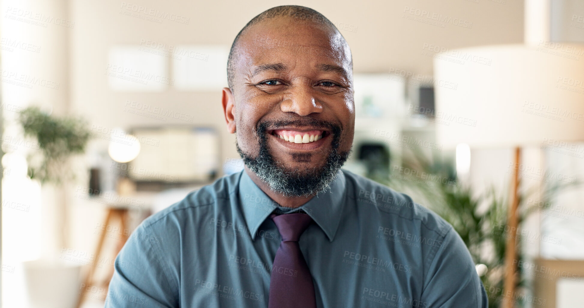 Buy stock photo Business, portrait and smile with mature black man in office for management of corporate company. About us, face and our vision with happy African executive in professional workplace for employment