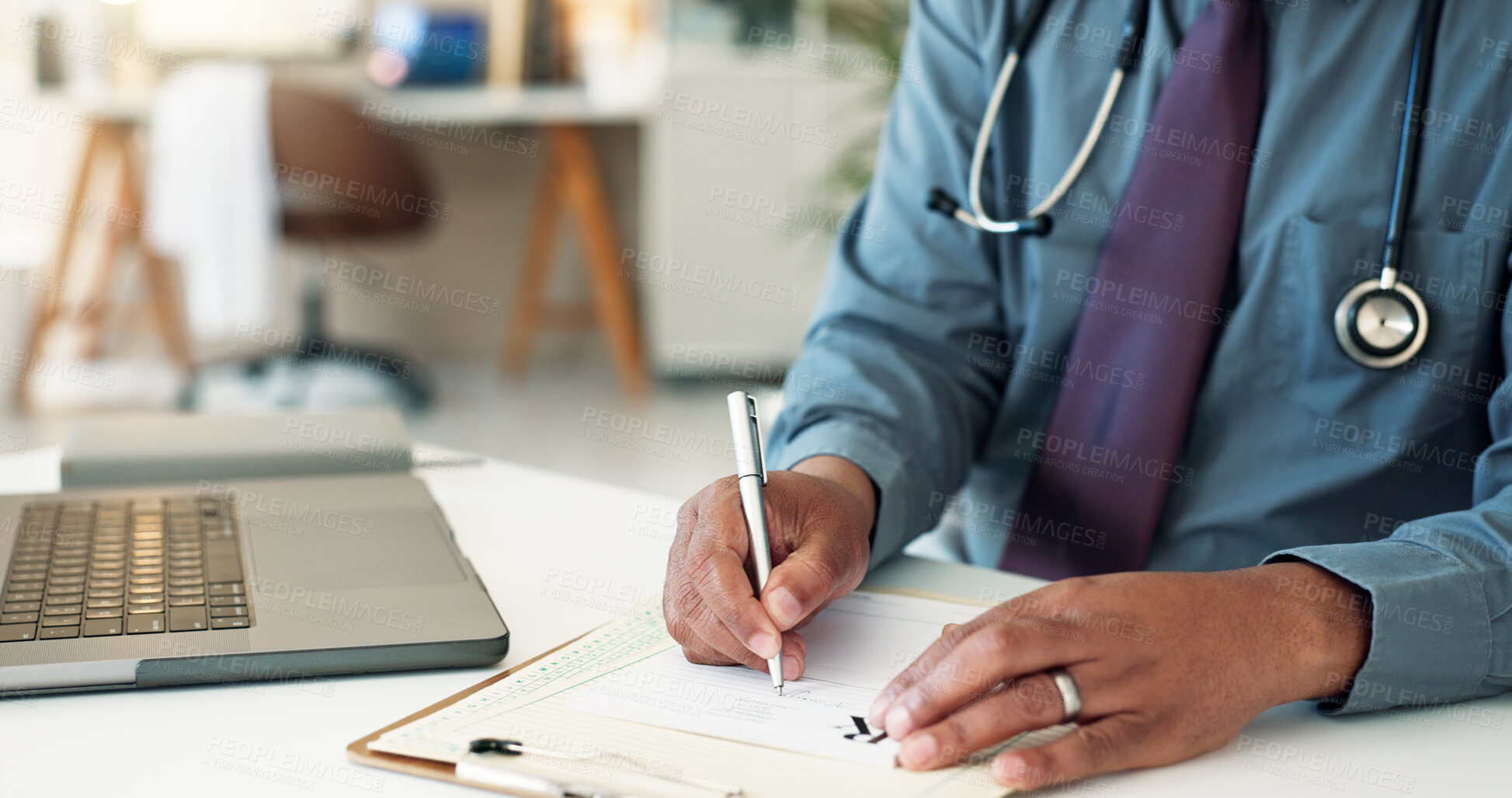 Buy stock photo Doctor, hands or writing in hospital for healthcare, cardiology research or medical certificate. Person, script or tech in private clinic for patient information, schedule or reminder in consultation