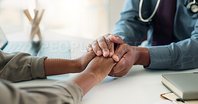 Buy stock photo Holding hands, doctor and support with counseling, healthcare and empathy of person at medical consultation. Hospital, wellness and clinic office with help, advice and kindness for rehabilitation