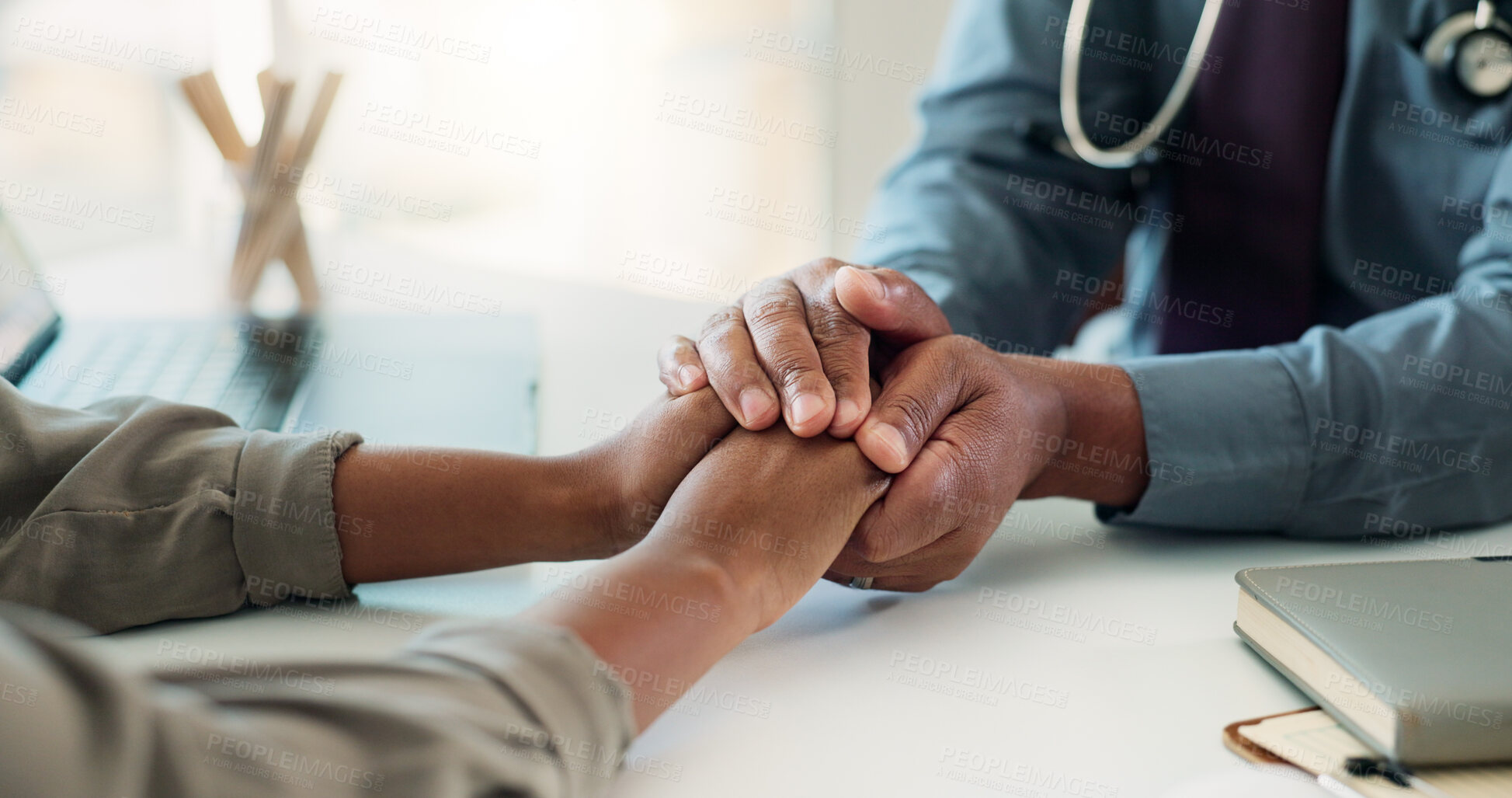 Buy stock photo Holding hands, doctor and support with counseling, healthcare and empathy of person at medical consultation. Hospital, wellness and clinic office with help, advice and kindness for rehabilitation