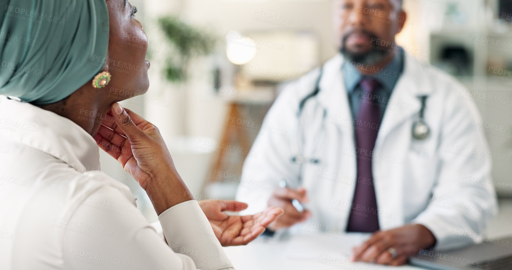 Buy stock photo Black woman, doctor or patient with throat infection for consultation or swollen lymph nodes at clinic. Young African, female person or medical employee with client for health advice, checkup or cure