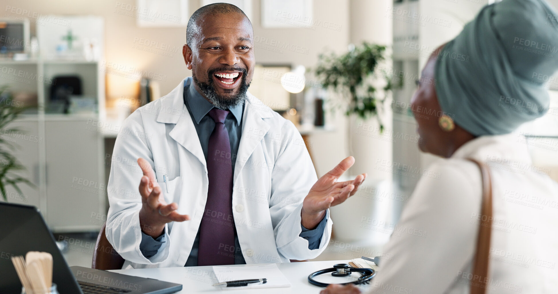 Buy stock photo Healthcare, laptop or smile with doctor and patient in office at hospital for consulting or positive feedback. Good news, success and medical professional man talking to woman in clinic for checkup