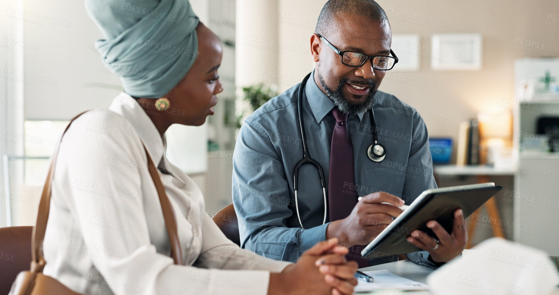 Buy stock photo Tablet, checkup and black woman with doctor in hospital for medical diagnosis or wellness advice. Discussion, digital technology and female patient with healthcare worker for checkup in consultation.