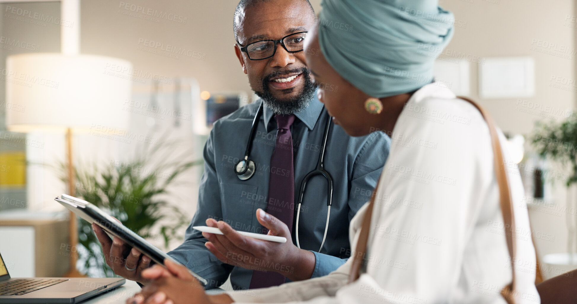 Buy stock photo Tablet, checkup and black woman with doctor in clinic for medical diagnosis or wellness advice. Discussion, digital technology and female patient with healthcare worker for consultation in hospital.