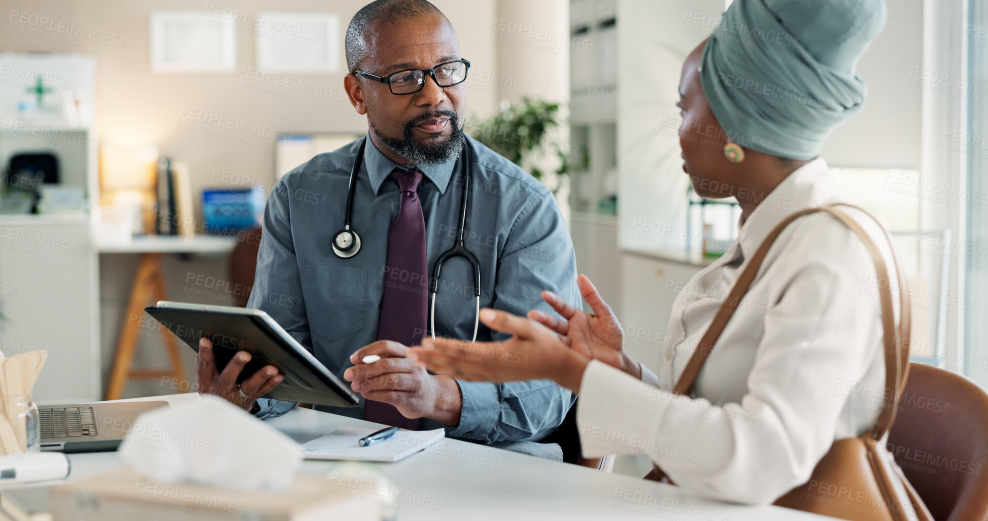 Buy stock photo Medical, results or tablet with doctor and patient in office at hospital for consulting or feedback. Explain, insurance and healthcare professional black man talking to person in clinic for diagnosis