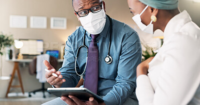 Buy stock photo Healthcare, mask or tablet with doctor and patient in office of hospital for consulting or insurance. Internet, medical and technology with medicine professional man speaking to person in clinic