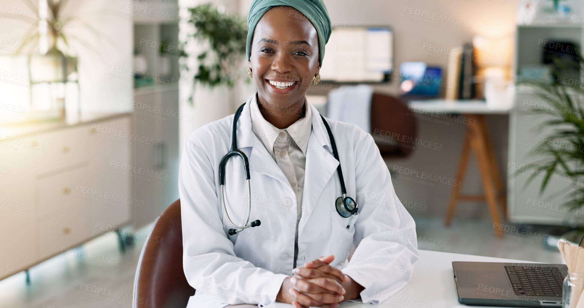 Buy stock photo Portrait, doctor and happy black woman in hospital office for healthcare service, medicine or cardiology. Face, smile and African medical professional, surgeon or confident expert in clinic in Rwanda