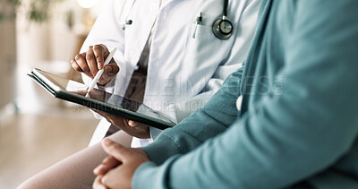 Buy stock photo Doctor, hands and tablet with patient for consultation, medical advice or procedure at clinic. Closeup, healthcare employee and client with technology for health appointment or checklist at hospital