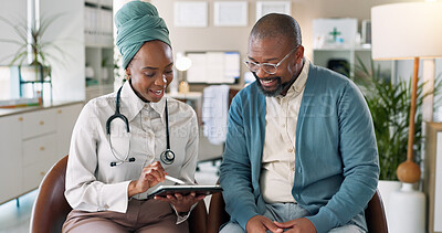 Buy stock photo African patient, tablet and discussion with happy doctor for healthcare, insurance or good exam results. People, technology and medical worker in consultation for wellness, checkup and help in clinic