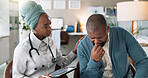Man, support or doctor with tablet for healthcare, consulting or stress for diagnosis in clinic. Black people, cardiology or bad news in office for heart condition, sad or couseling for mental health