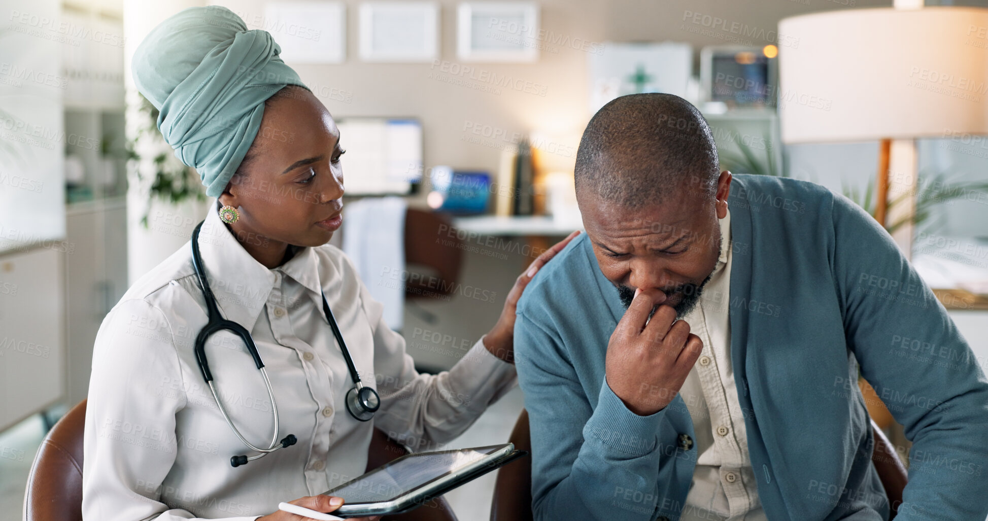 Buy stock photo Man, support or doctor with tablet for healthcare, consulting or stress for diagnosis in clinic. Black people, cardiology or bad news in office for heart condition, sad or couseling for mental health