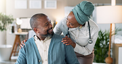 Buy stock photo Patient, doctor and happy in hospital for healthcare, recovery or health progress with support. Black people, cardiologist or mature man in practice with smile, help and rehabilitation for healing