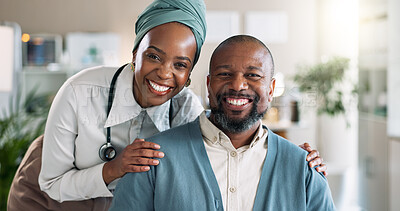 Buy stock photo Happy, consultation and portrait of doctor with patient in hospital for wellness advice or exam. Smile, checkup and black man with healthcare worker for medical checkup appointment in clinic.