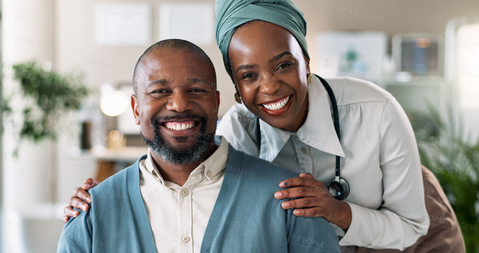 Buy stock photo Happy, checkup and portrait of doctor with patient in hospital for wellness advice or exam. Smile, confident and black man with healthcare worker for medical consultation appointment in clinic.