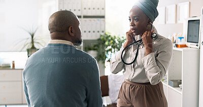 Buy stock photo Woman, doctor and stethoscope with patient for exam, test or clinic checkup at hospital. Female person, medical employee or healthcare worker with client for consultation or monitoring heart rate