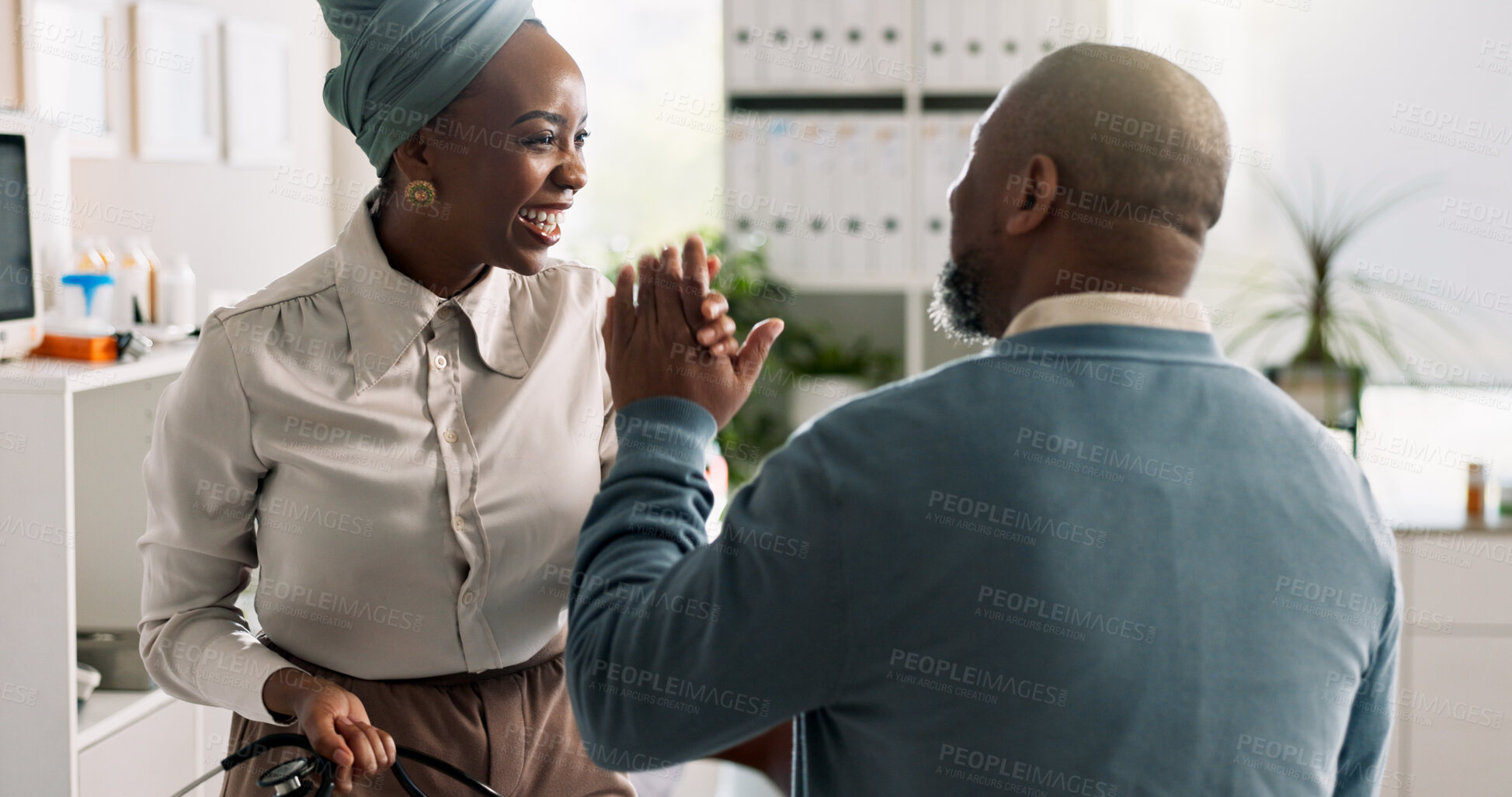 Buy stock photo Happy woman, doctor and high five with patient for checkup, good news or positive results at hospital. Female person, consultation or healthcare worker with client or touch for winning at clinic