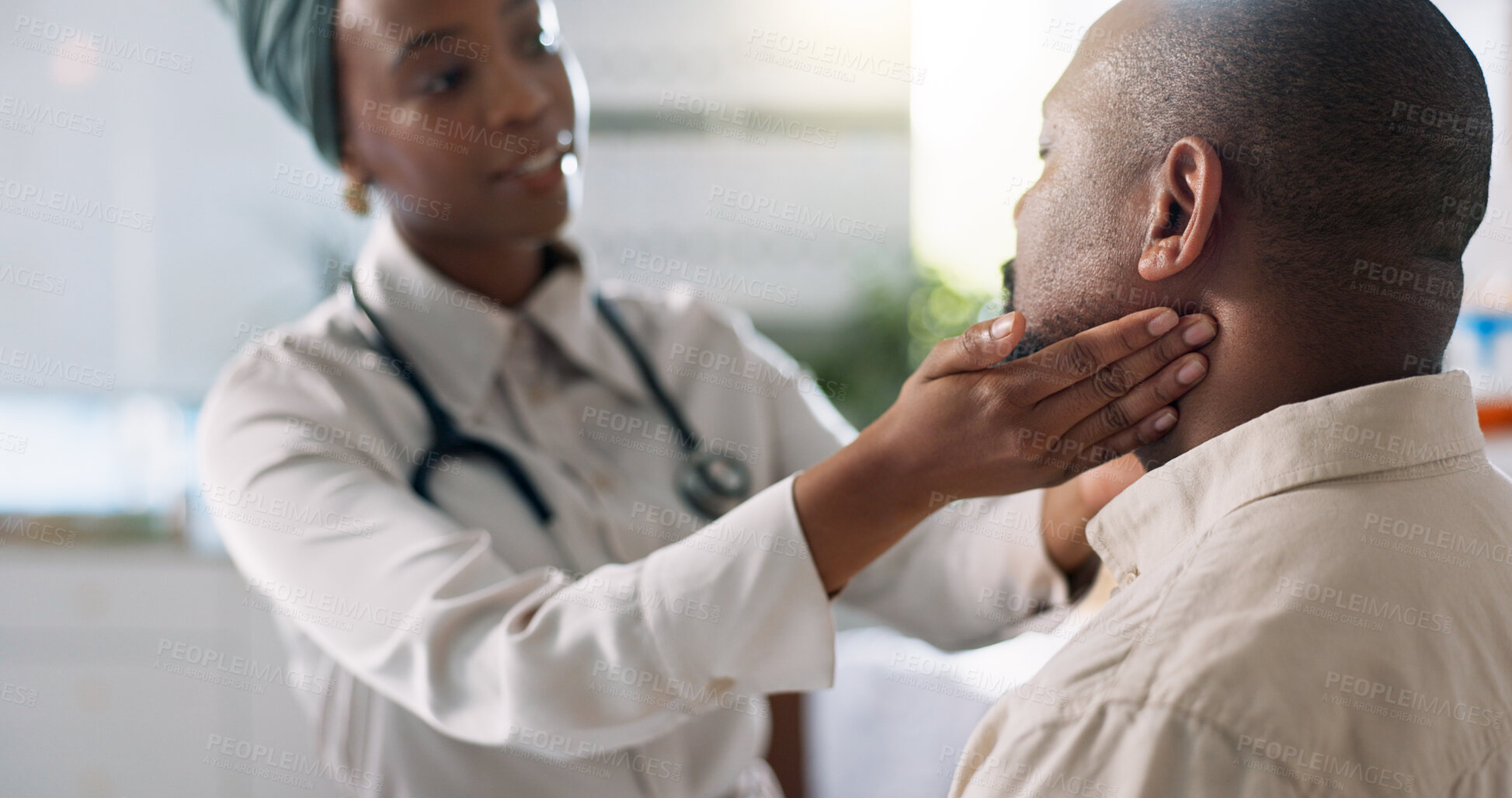 Buy stock photo Hands, doctor and check neck of patient for thyroid exam, touch tonsils and healthcare with African people. Endocrinologist, test throat and diagnosis in hospital consultation for medical wellness