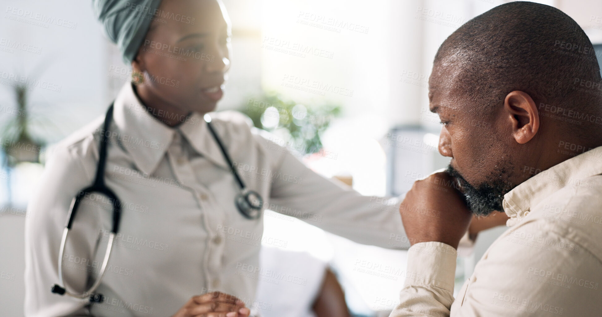 Buy stock photo Man, cough or doctor with support for healthcare, consultation or bronchitis diagnosis in clinic. Black people, asthma patient or instruction in practice for lung test, advice or appointment for help