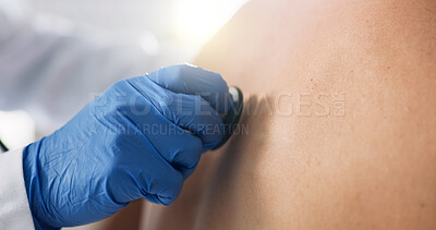 Buy stock photo Doctor, hand and stethoscope on back of person in hospital for breathing or respiratory examination. Asthma, consulting or medical with medicine professional listening to lungs for healthcare test