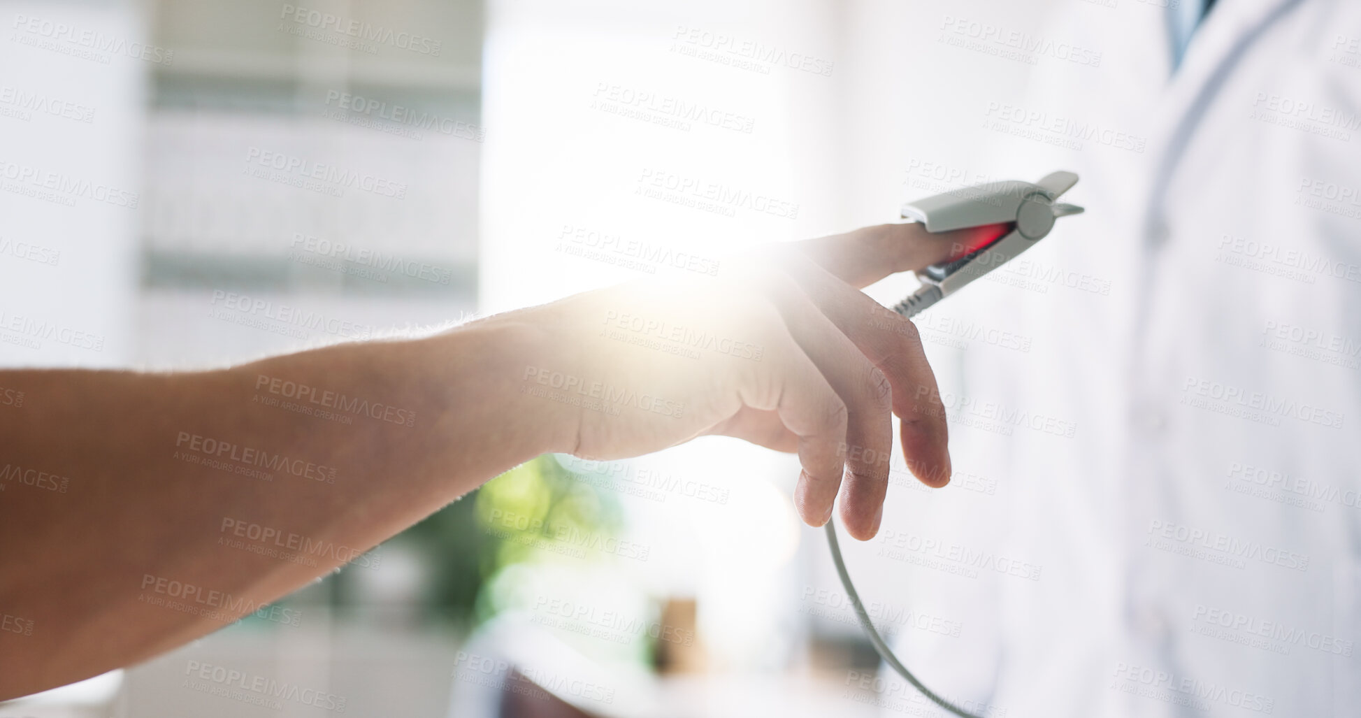 Buy stock photo Patient, doctor and hands with oximeter for blood checkup, oxygen or pulse at hospital. Closeup, medical employee or client with monitor on finger for healthcare reading, test or exam at clinic