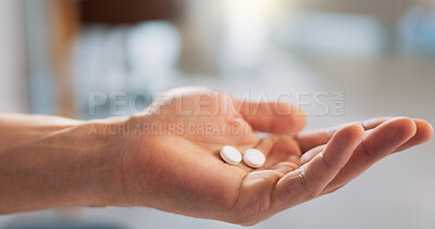 Buy stock photo Hand, pills and person with medicine, healthcare and wellness with prescription, capsules and pharmacy. Clinic, medical professional and palm with antibiotics for recovery, treatment and supplements