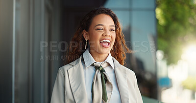 Buy stock photo Funny, business and woman in city, walking and laughing with happiness, lens flare and cheerful. Employee, agent and consultant in New York, humor and joke with positive mindset, joyful and smile