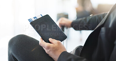 Buy stock photo Ticket, flight and hands of business person in airport lounge for networking event, global conference and travel. Trade show, schedule and layover with closeup and passport in lobby for boarding pass