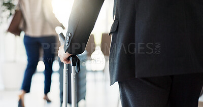 Buy stock photo Travel, businessman or hand in airport with luggage, passport or walking to boarding gate. Professional person, suitcase or legal document in terminal for flight, business class or international work