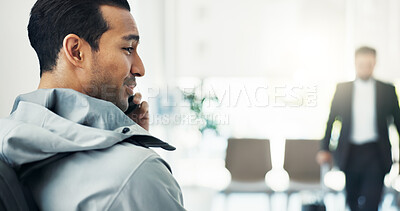 Buy stock photo Man, phone call and mobile with airport lounge for business travel, communication and flight schedule. Male person, technology and connection with networking, conversation and happiness for departure