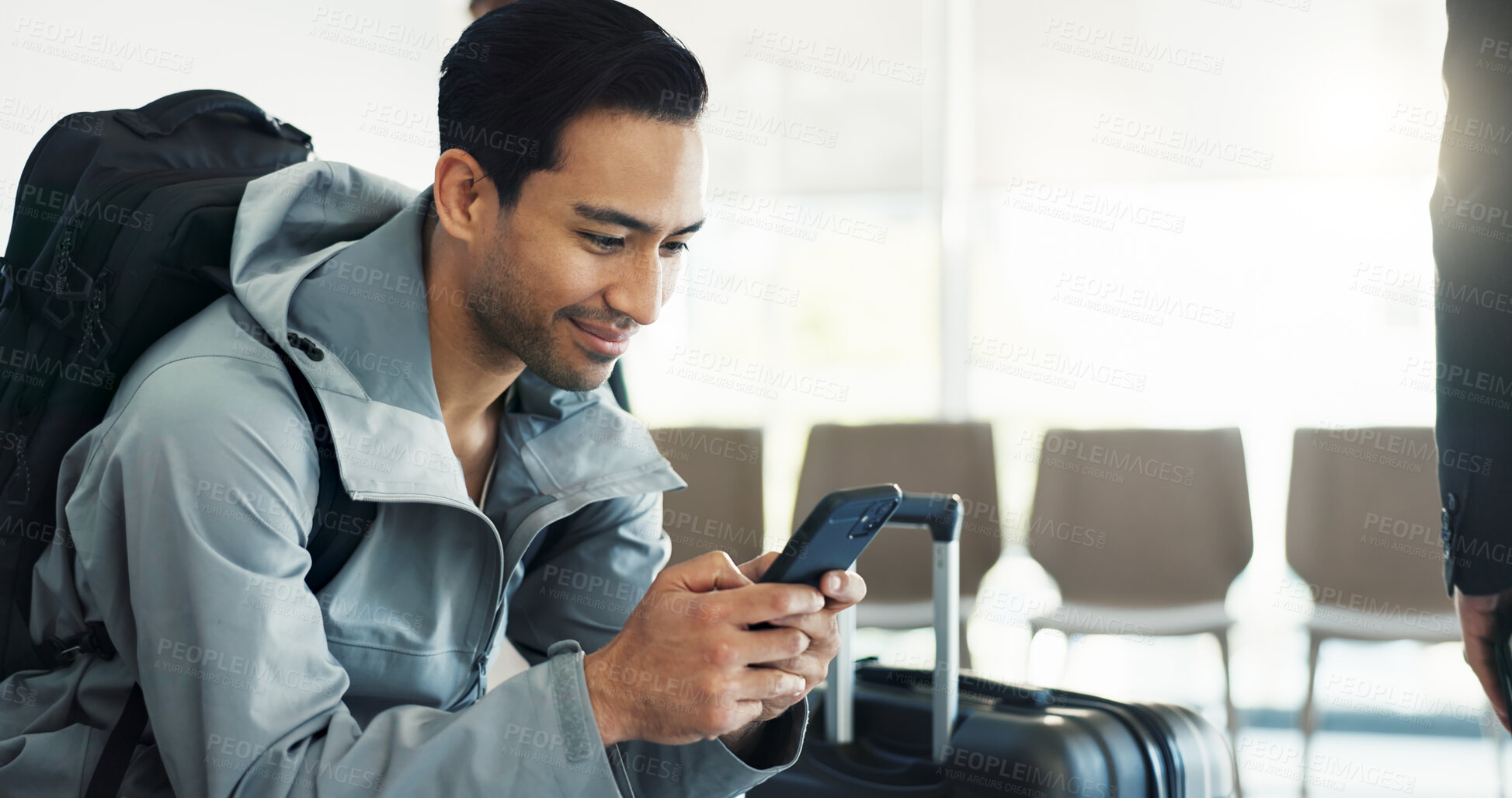 Buy stock photo Phone, travel and luggage with man in airport lounge for networking event, global hackathon and tech convention. Research, online schedule and layover with person and suitcase for developer summit