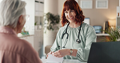 Buy stock photo Hospital, happy and doctor with patient for consulting, medical service and medicine prescription. Healthcare, clinic and woman with person for insurance forms, diagnosis and medication documents