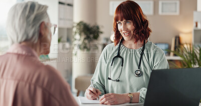 Buy stock photo Hospital, writing and doctor with senior patient for consulting, medical service and medicine prescription. Healthcare, clinic and woman with person for insurance forms, diagnosis and medication