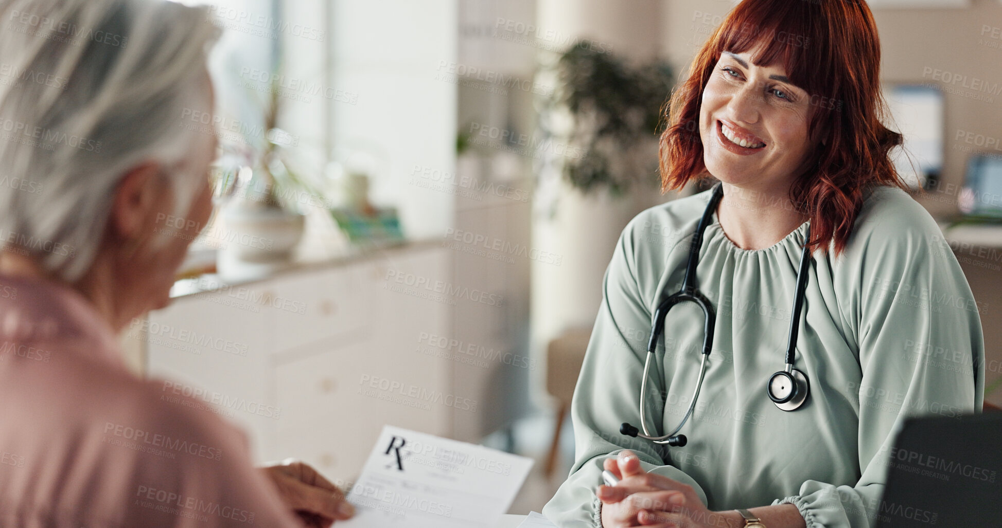 Buy stock photo Doctor, senior patient or talking for prescription, results or notes for checkup, diagnosis or consulting. Mature female person, explain or healthcare worker giving paper or medical documents to help