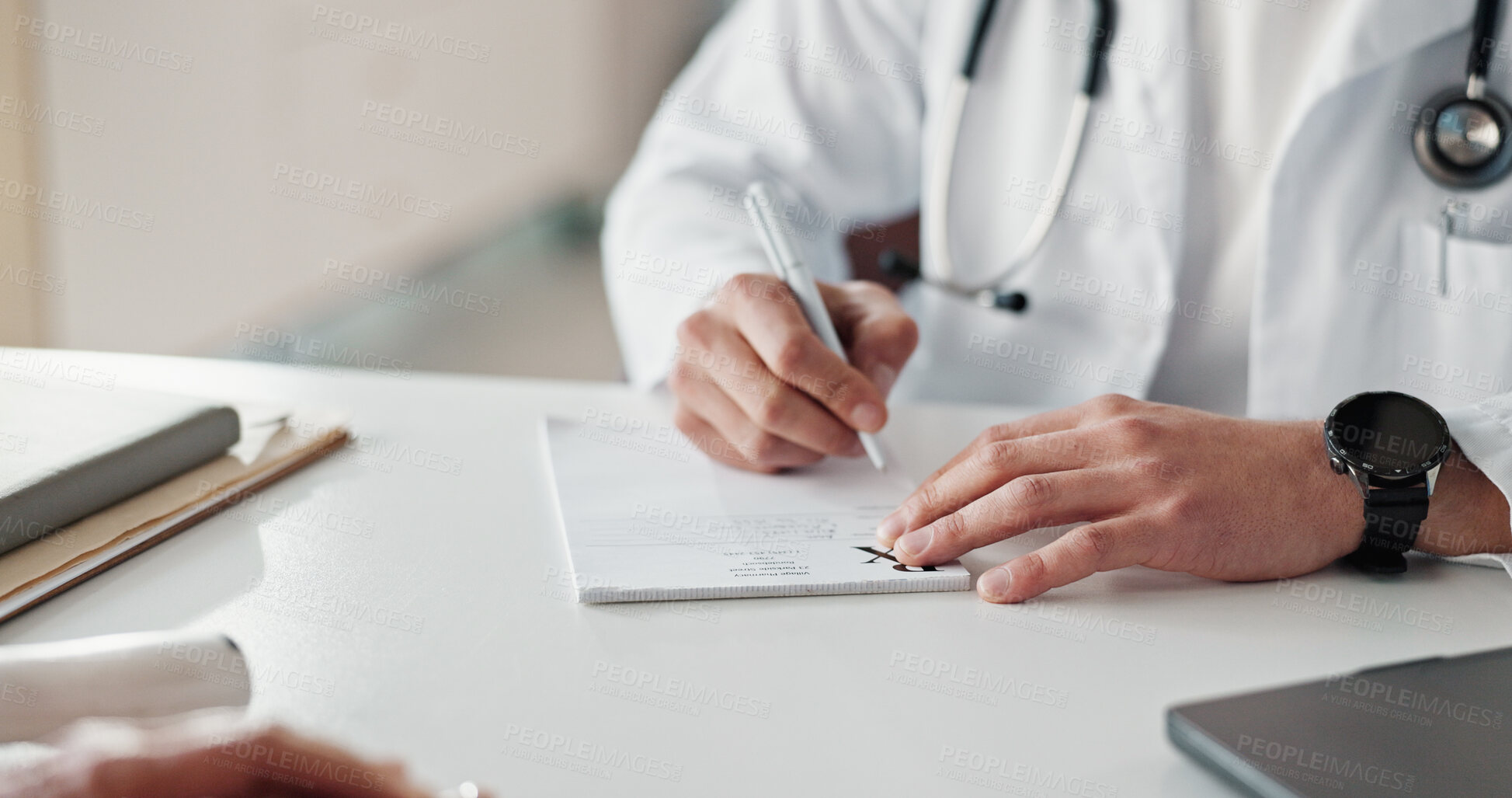 Buy stock photo Hands, doctor and paper for writing, prescription and healthcare service with guide for medicine. People, medic and notes for drugs, treatment or pharma product with advice for patient at hospital
