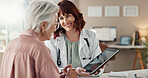 Senior patient, women or doctor with tablet for diagnosis, research or medical information in hospital. Clinic, consulting or results on touchscreen technology for healthcare record or telehealth