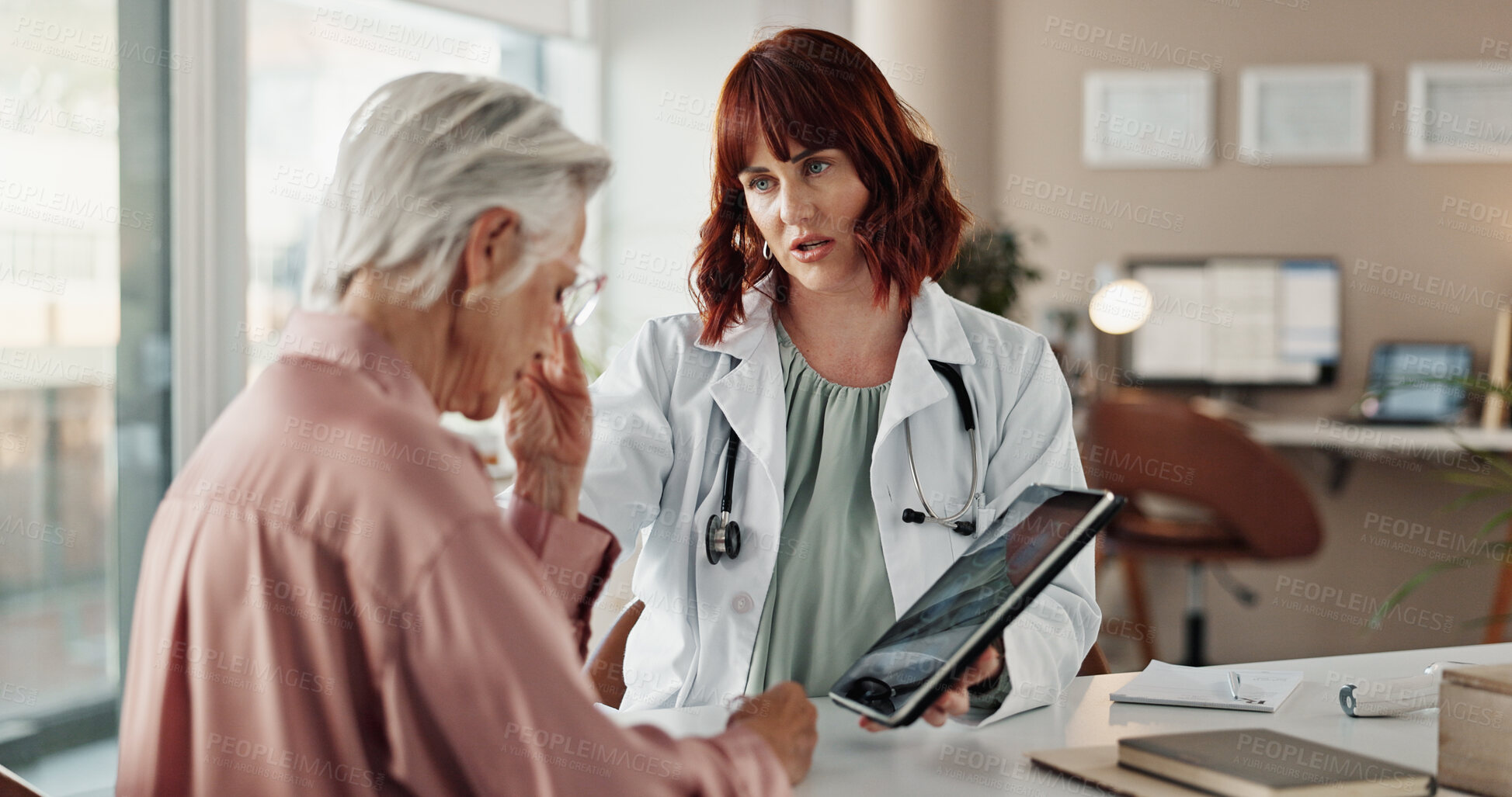 Buy stock photo Sad, senior woman and doctor with tablet for results, consultation and support for cancer diagnosis in office. Bad news, elderly patient and medical professional with digital app for healthcare exam